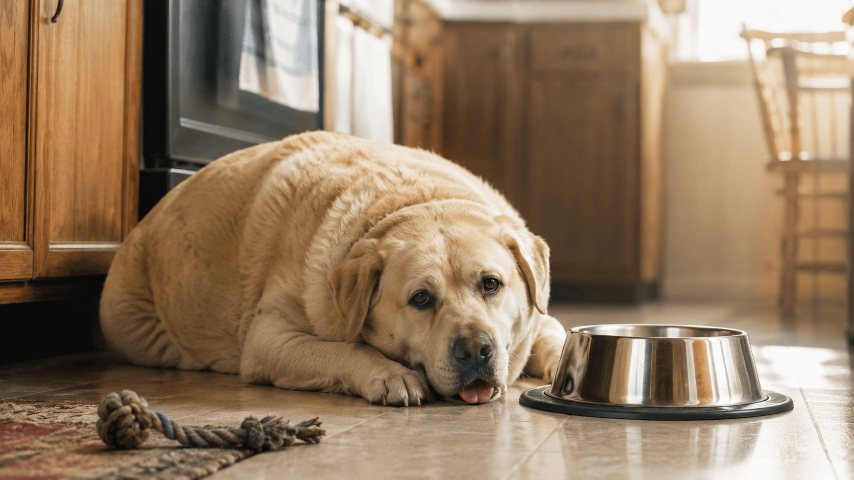 A dog resting beside its food bowl