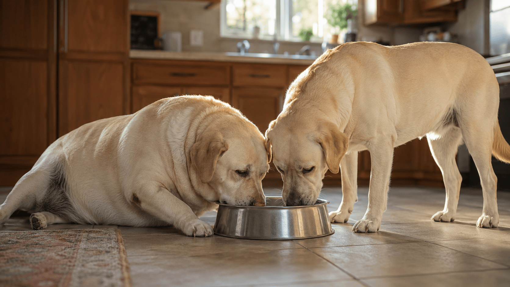 A dog lying beside a bowl of food