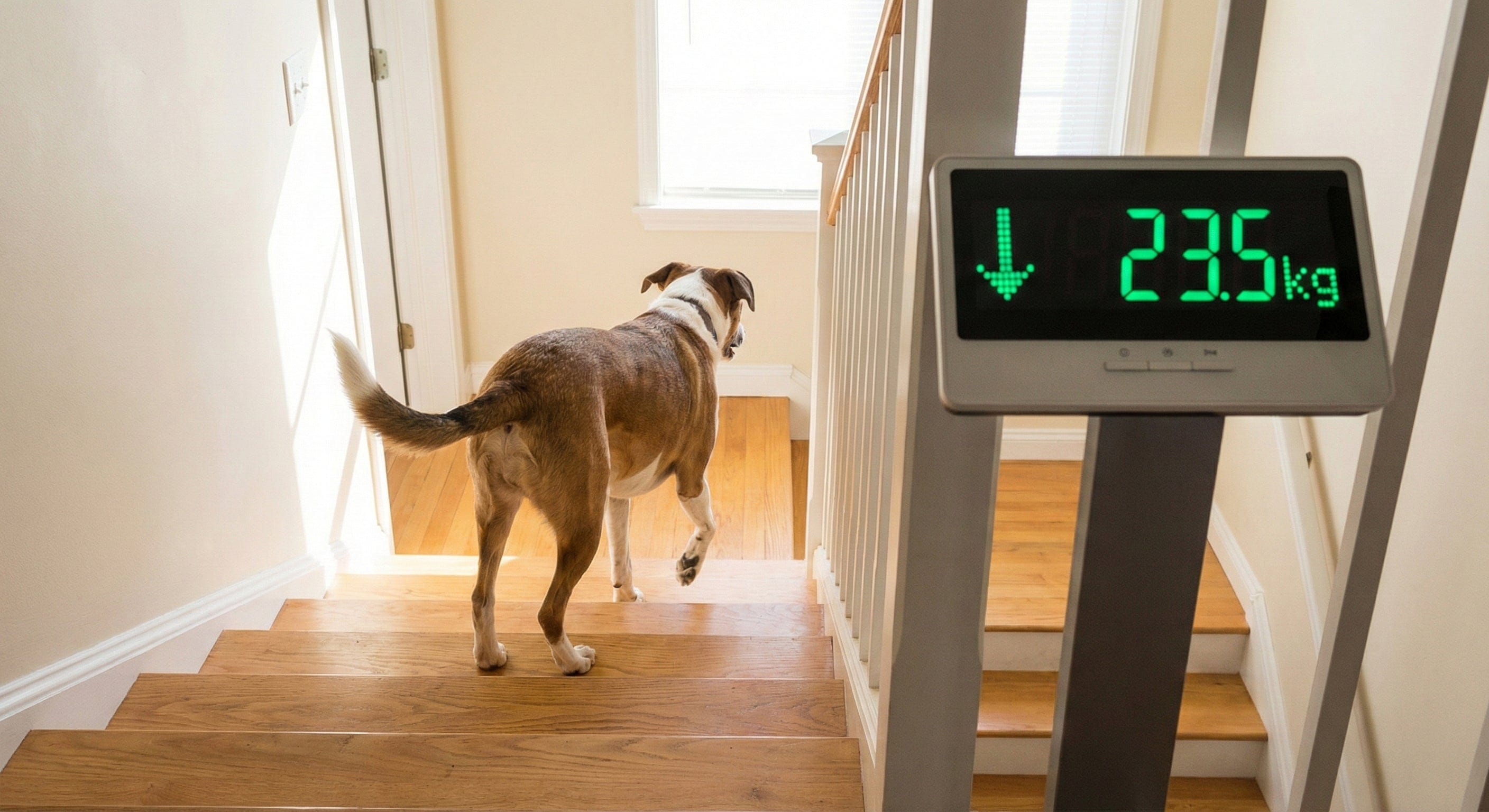 A dog climbing stairs